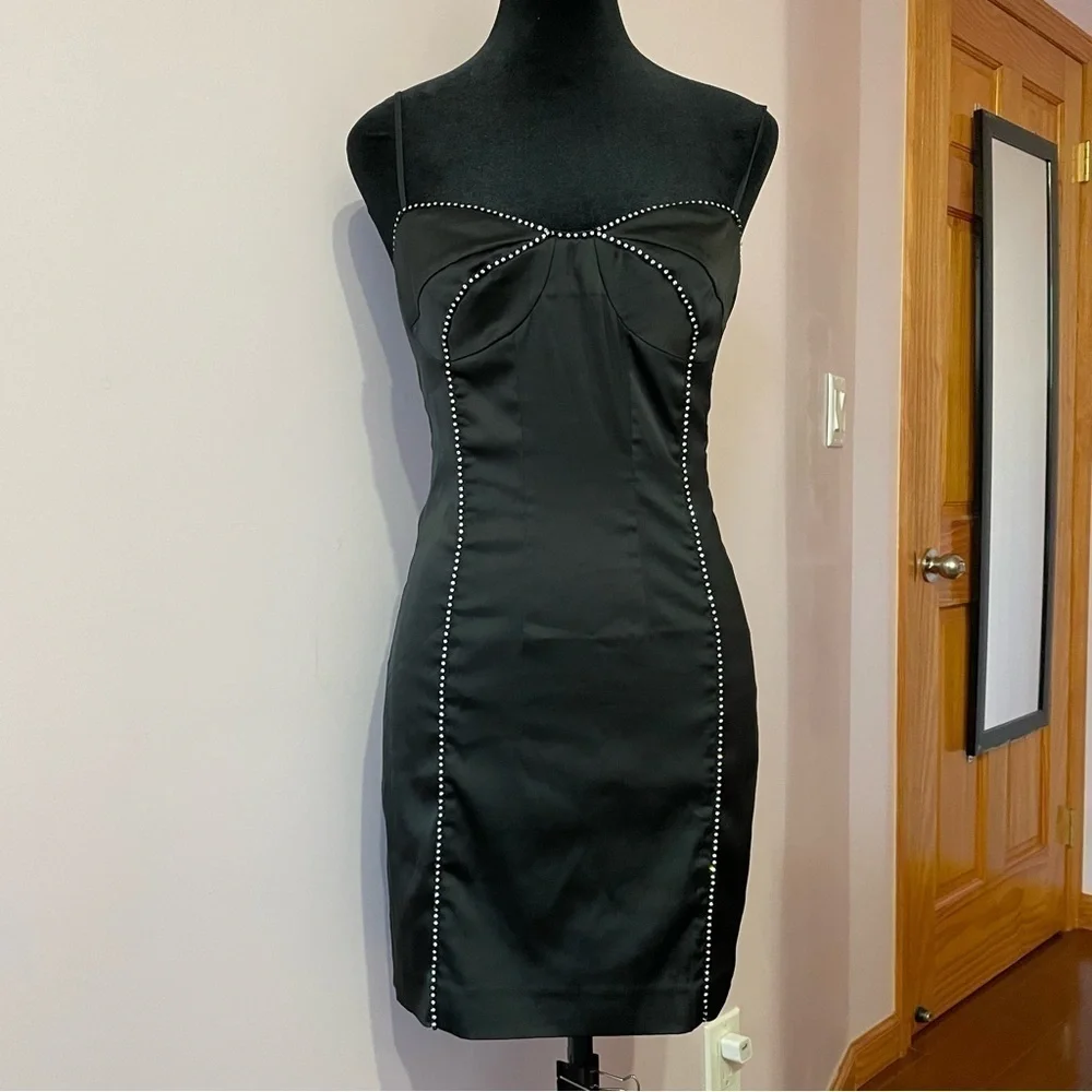 For Love and Lemon- Black Satin Sleeveless Mini Dress with Rhinestones Size S